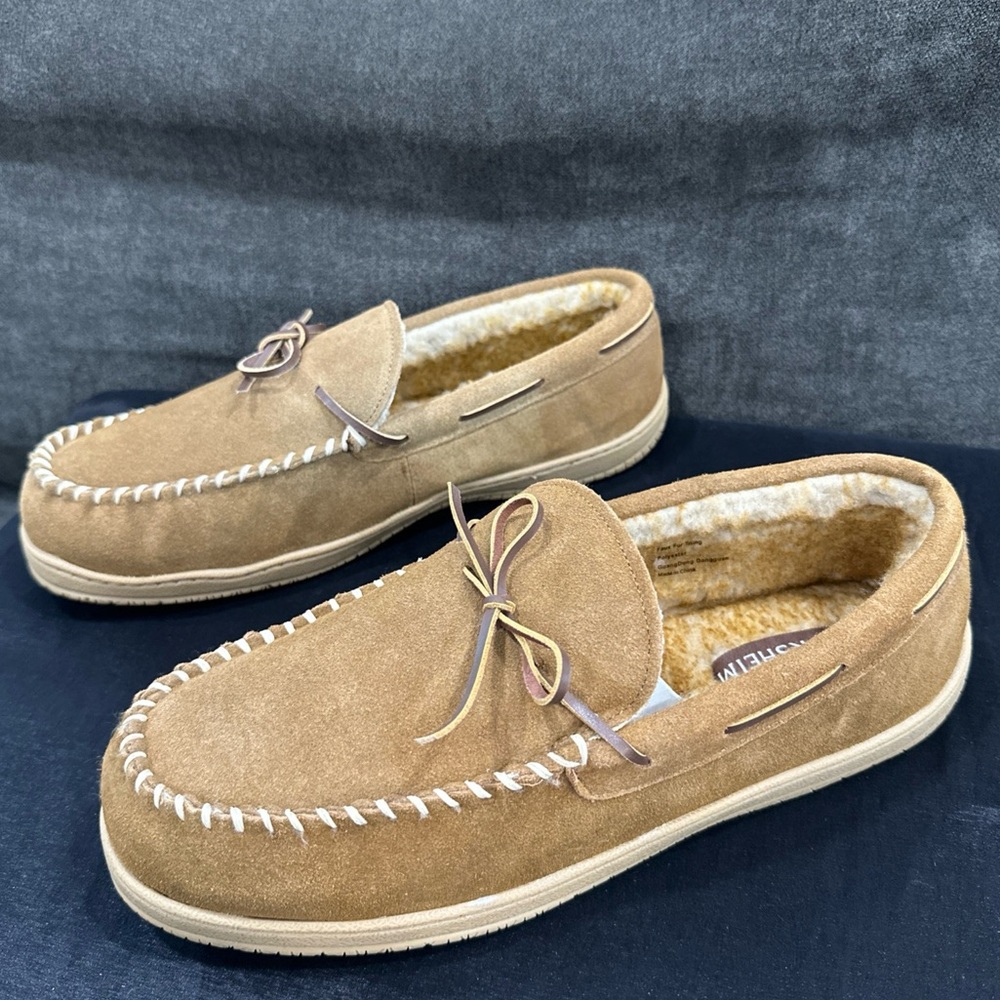 FLORSHEIM Tan Brown Sand Leather Suede Loafers Sheep Lined Slipper Moccasin 13M